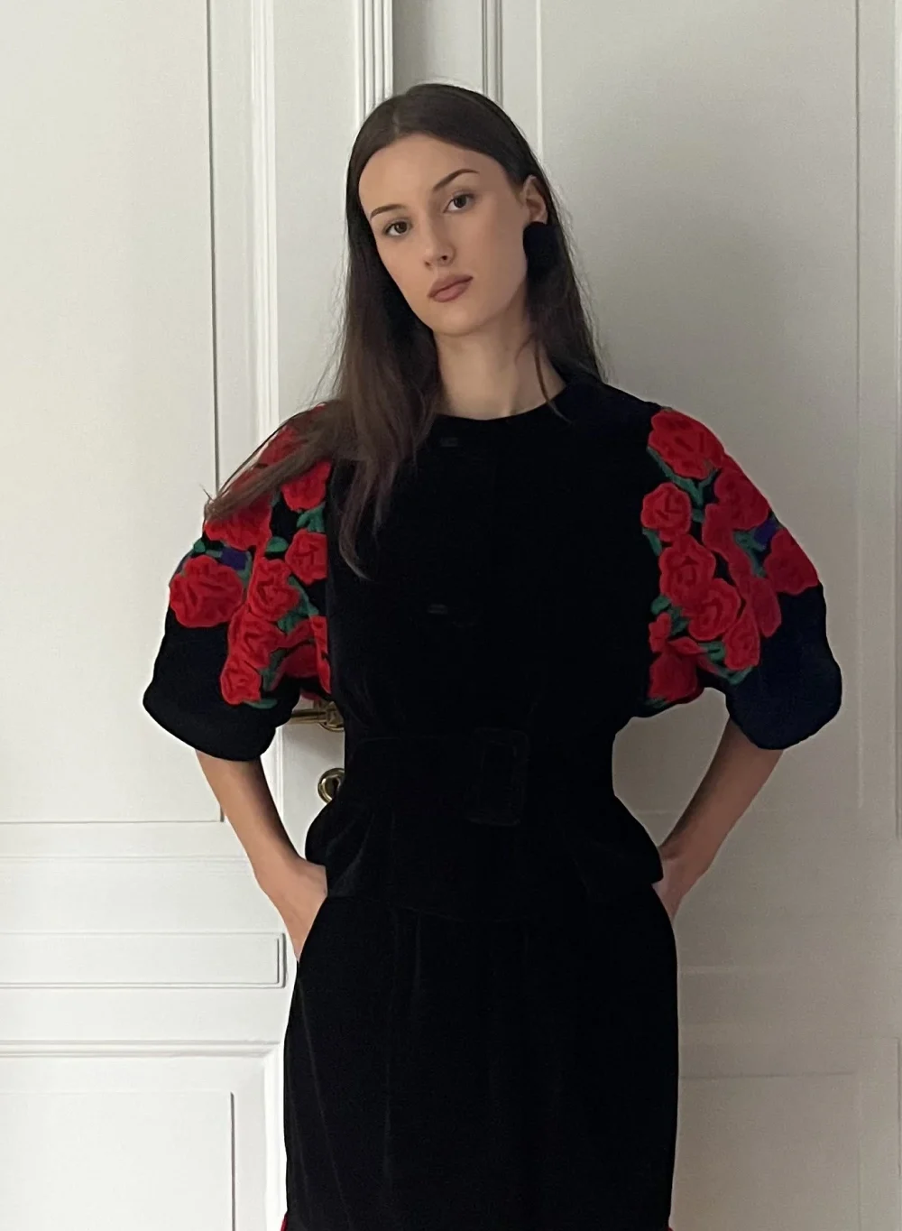 Velvet jacket with red embroidery