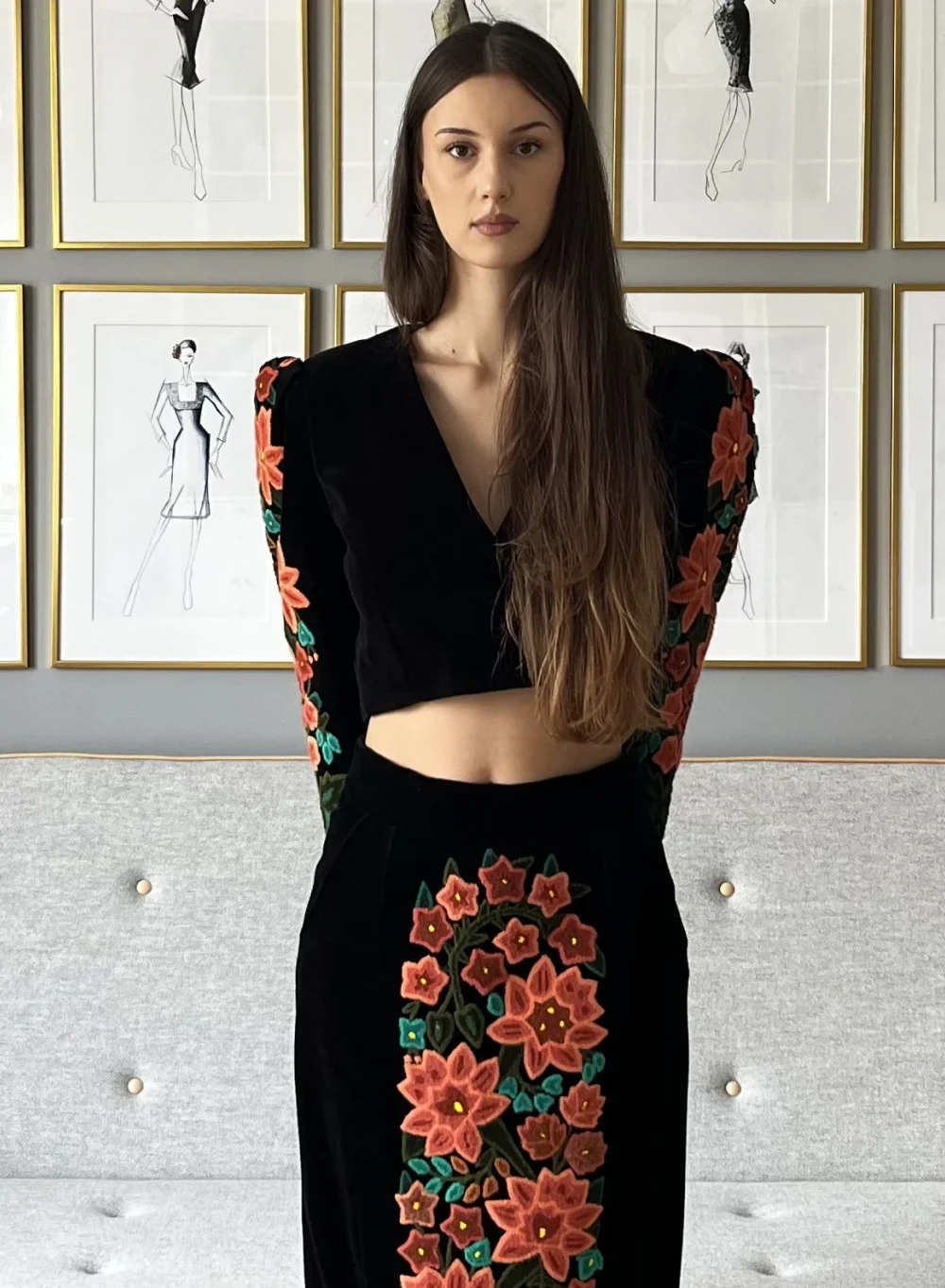 Velvet light red embroidered jacket