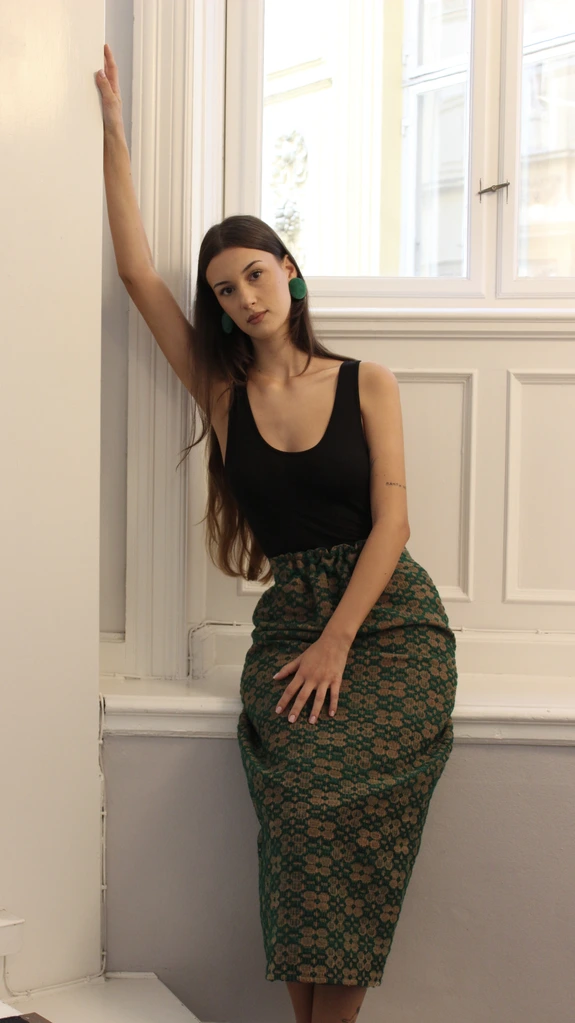 Green long skirt hand woven
