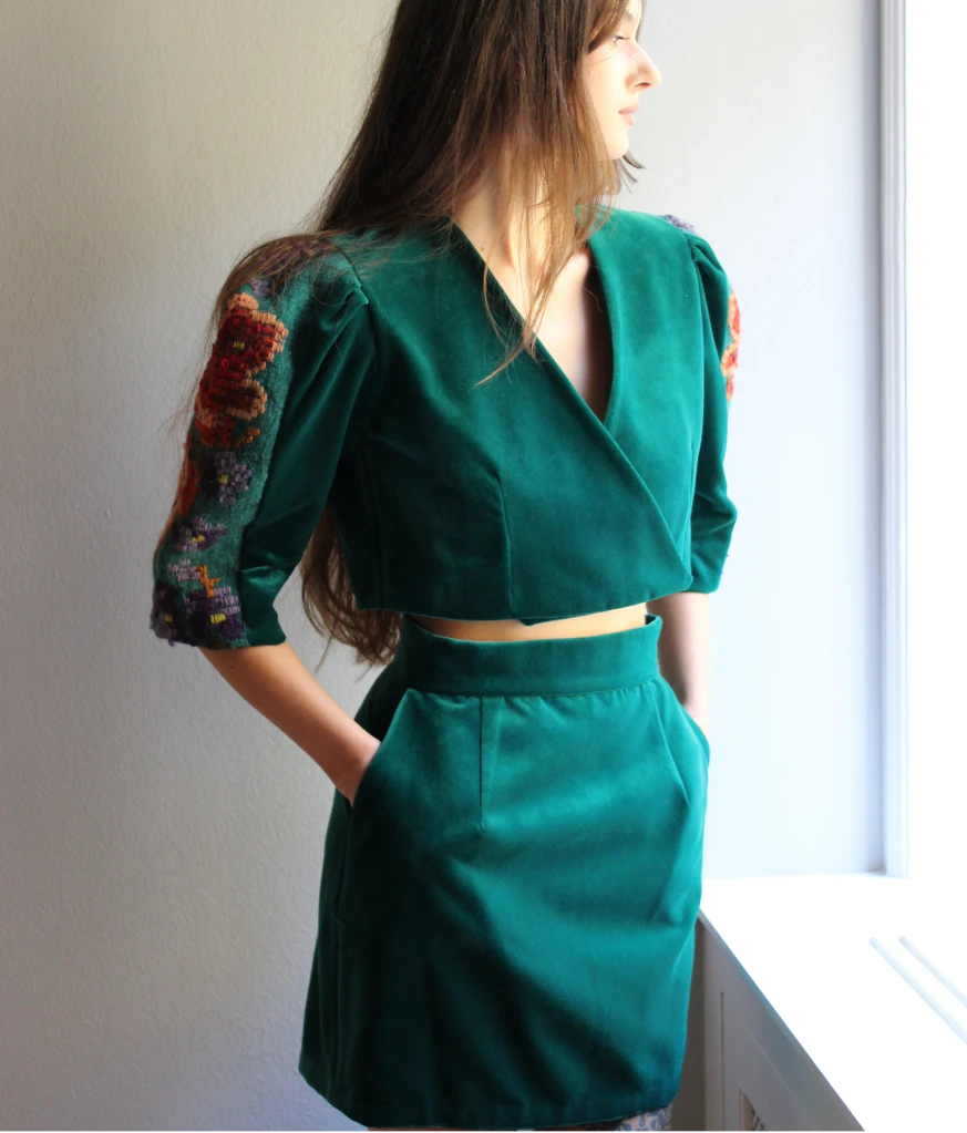 Green velvet mini skirt