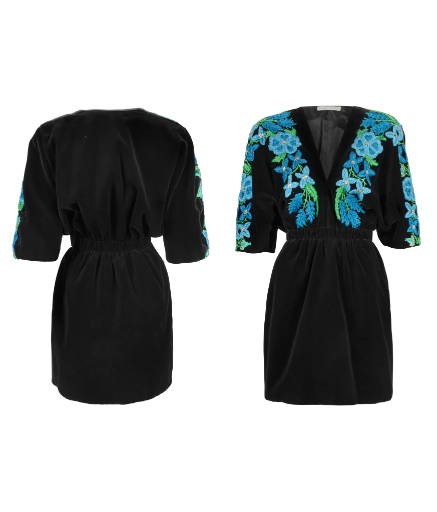 Mini dress with blue embroidered sleeves