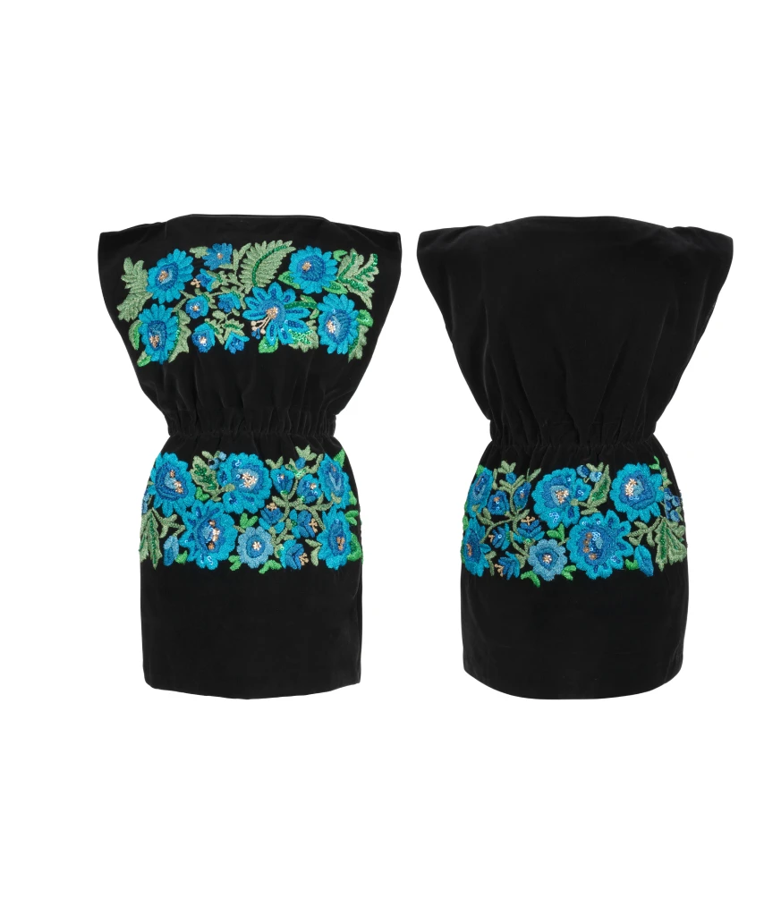 Mini dress with blue sequins and embroidery