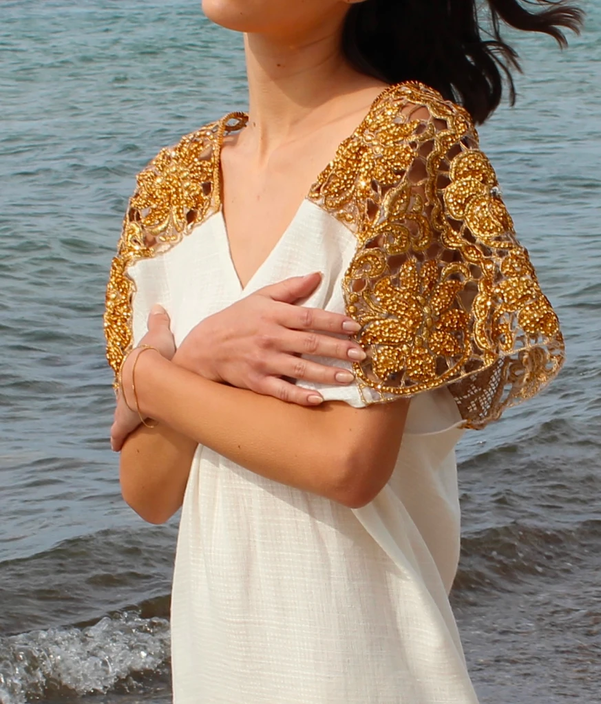 Maxi white dress with golden embroidery