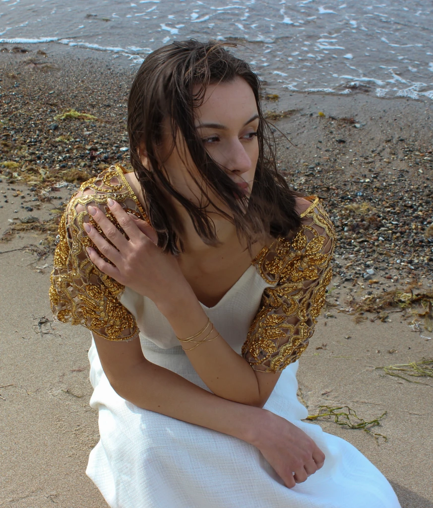 Maxi white dress with golden embroidery