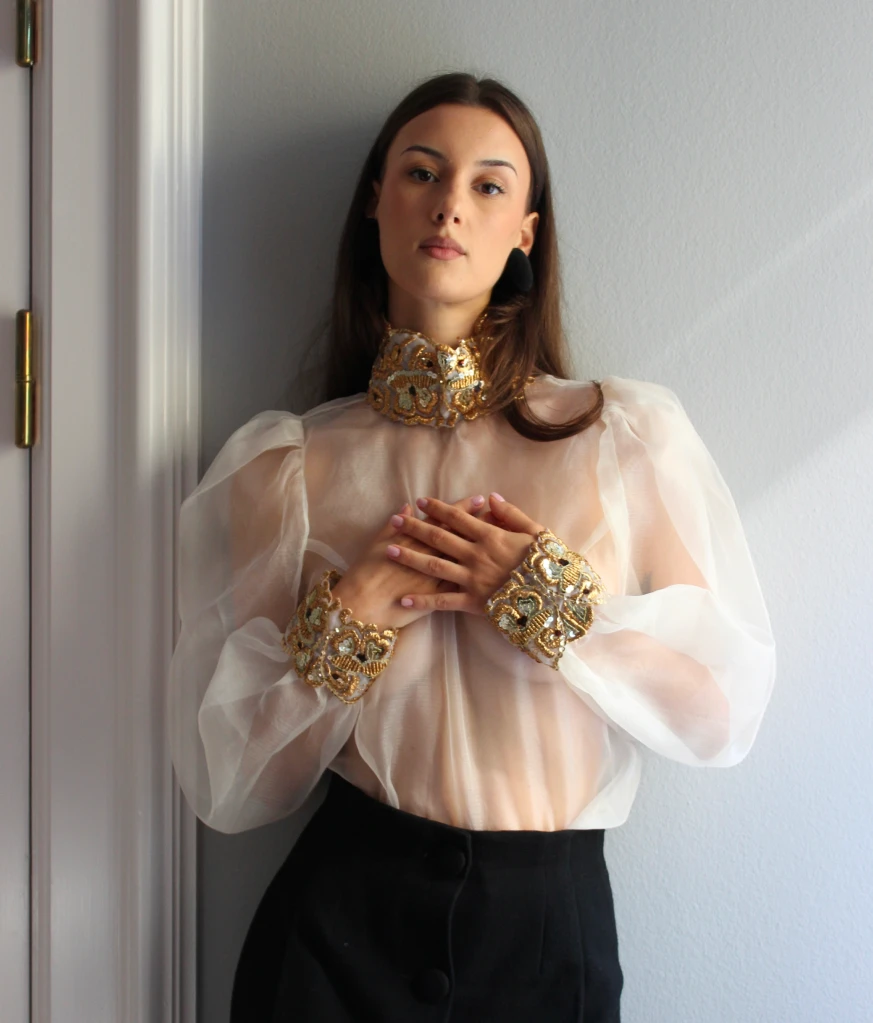 Organza top with golden embroidered neck and cuffs