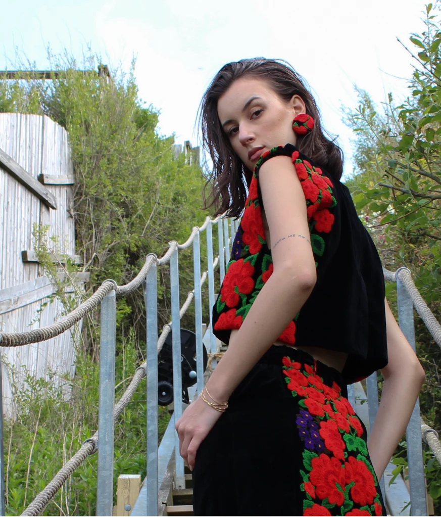 Velvet flower embroidered top