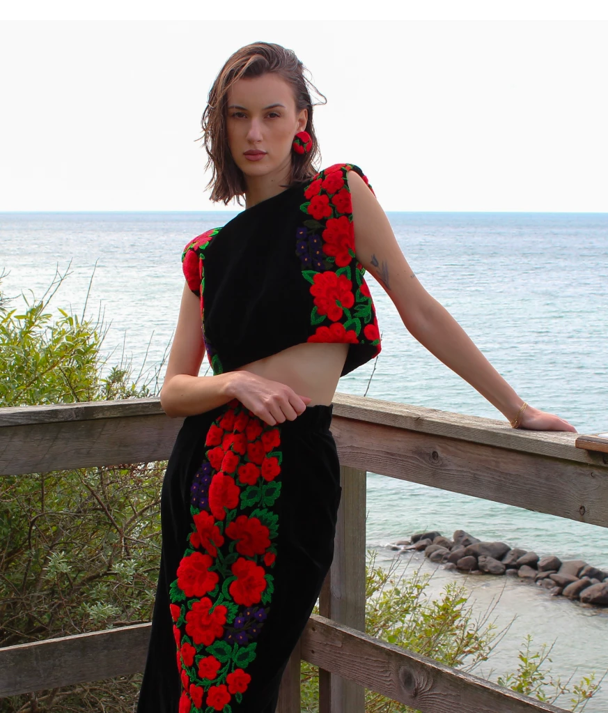 Velvet flower embroidered top