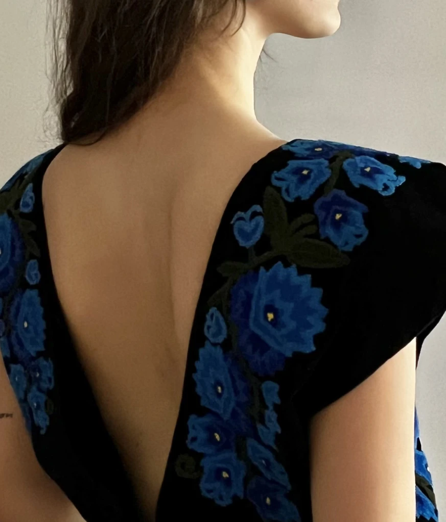 Velvet top with blue embroidery
