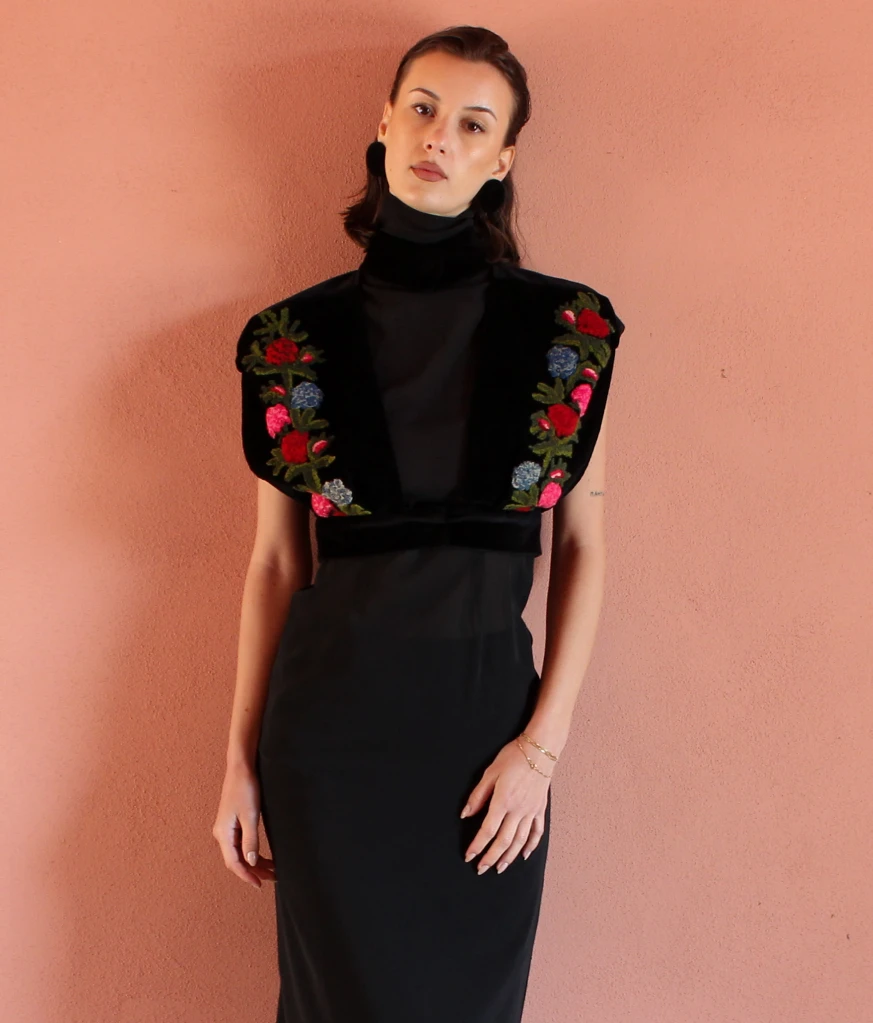 Velvet top with embroidered flowers