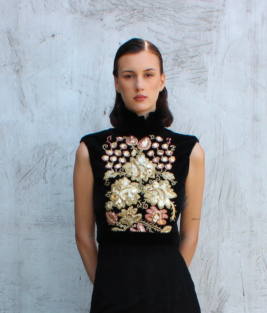 Velvet top with golden embroidery