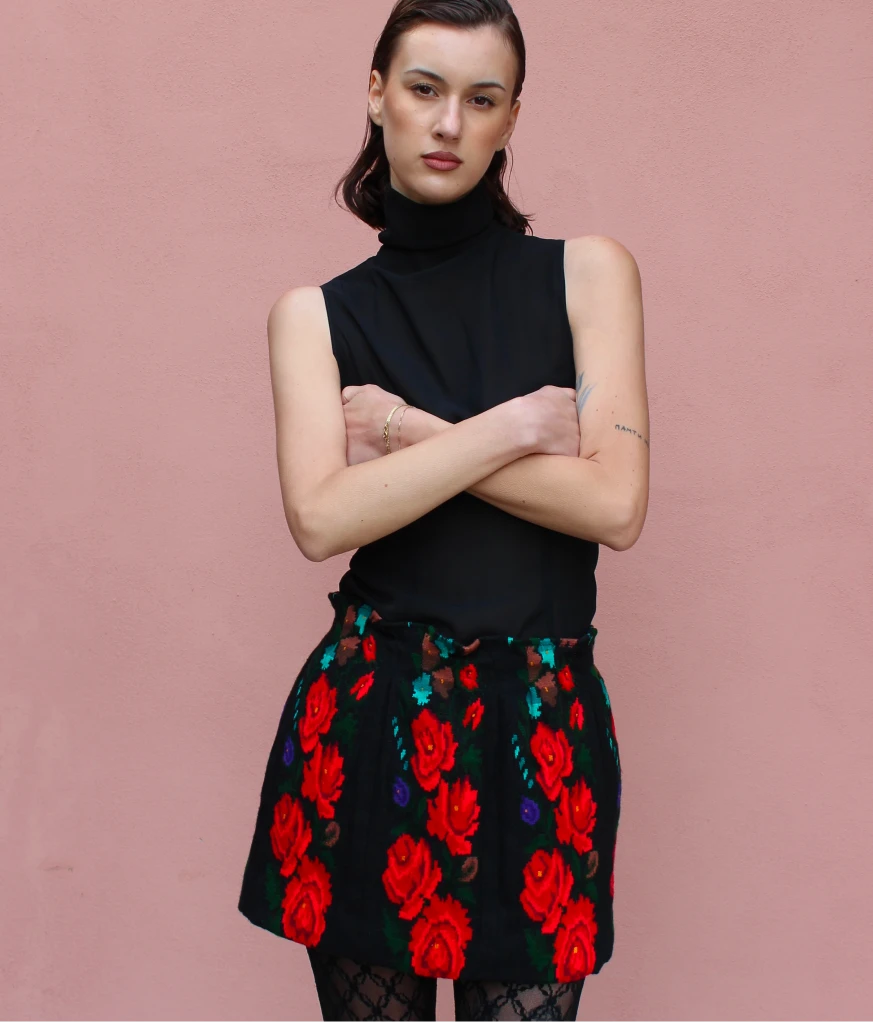Wool stripe and flower mini skirt