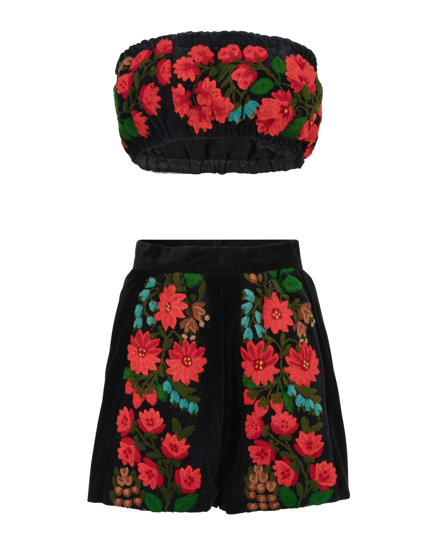 Velvet shorts and strapless velvet bandeau top